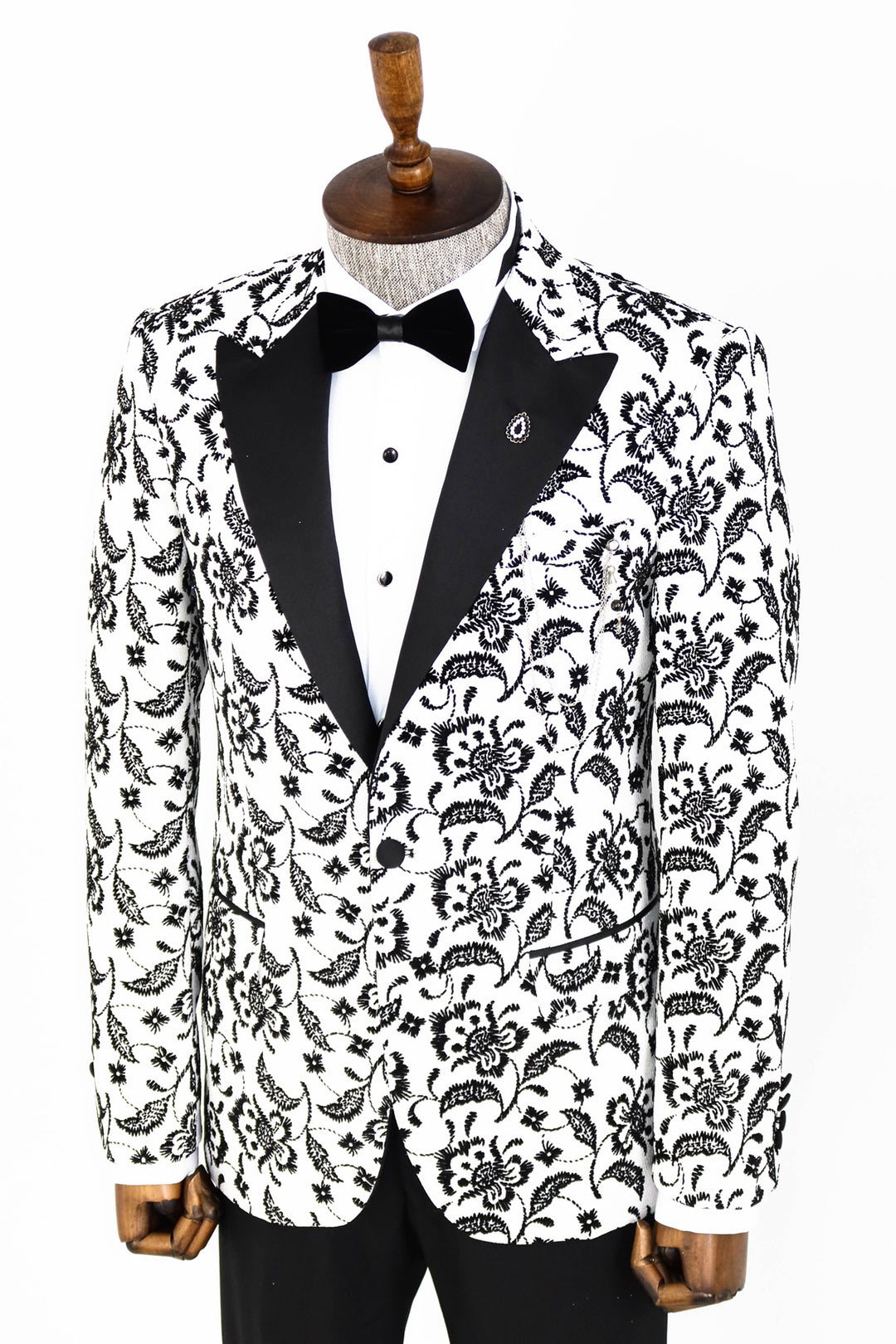 Floral Patterned Peak Lapel White Men Prom Blazer and Trousers Combination- Wessi