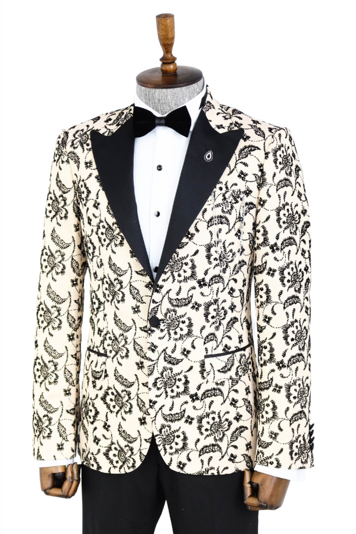 Floral Patterned Peak Lapel Cream Men Prom Blazer - Wessi