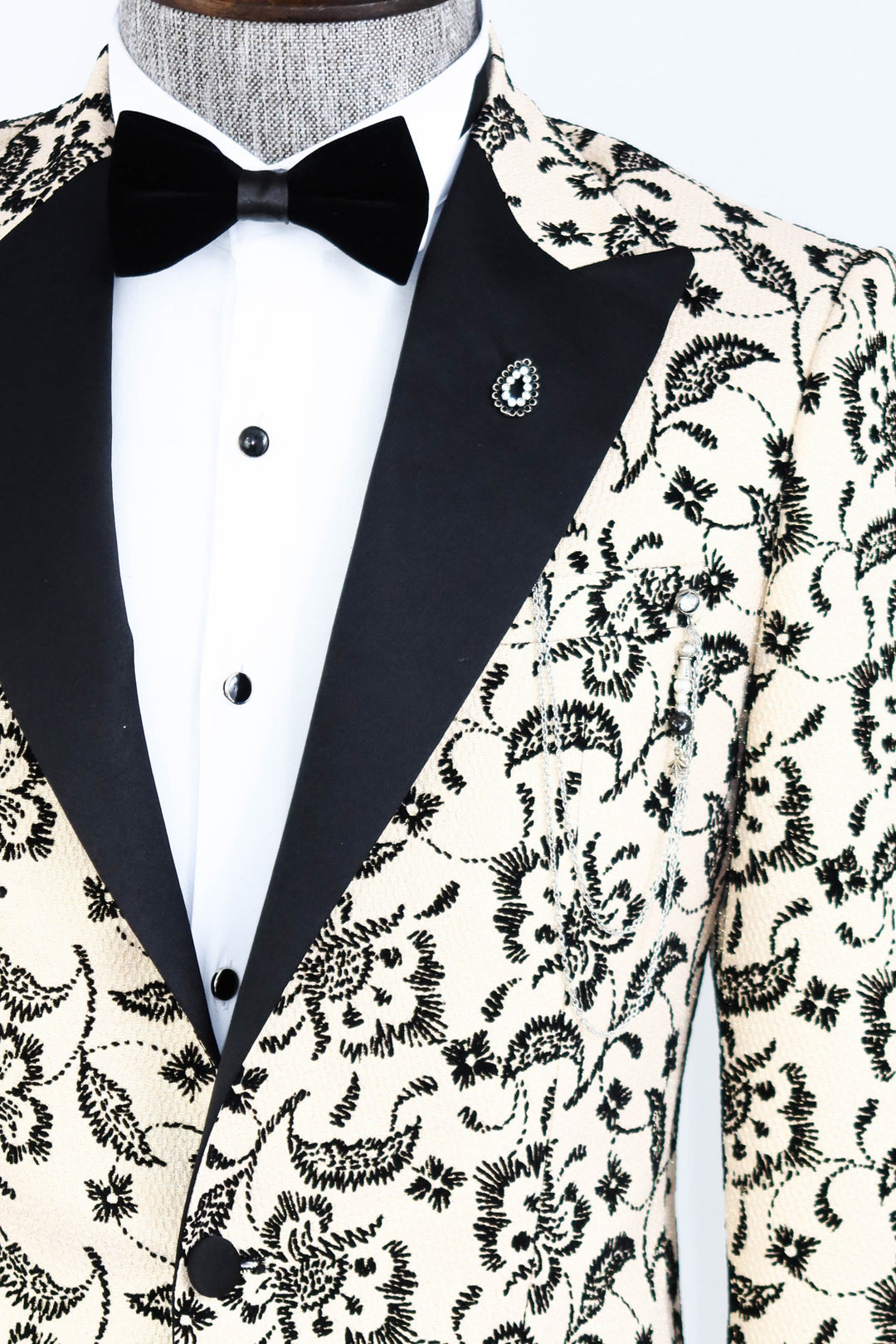 Floral Patterned Peak Lapel Cream Men Prom Blazer - Wessi