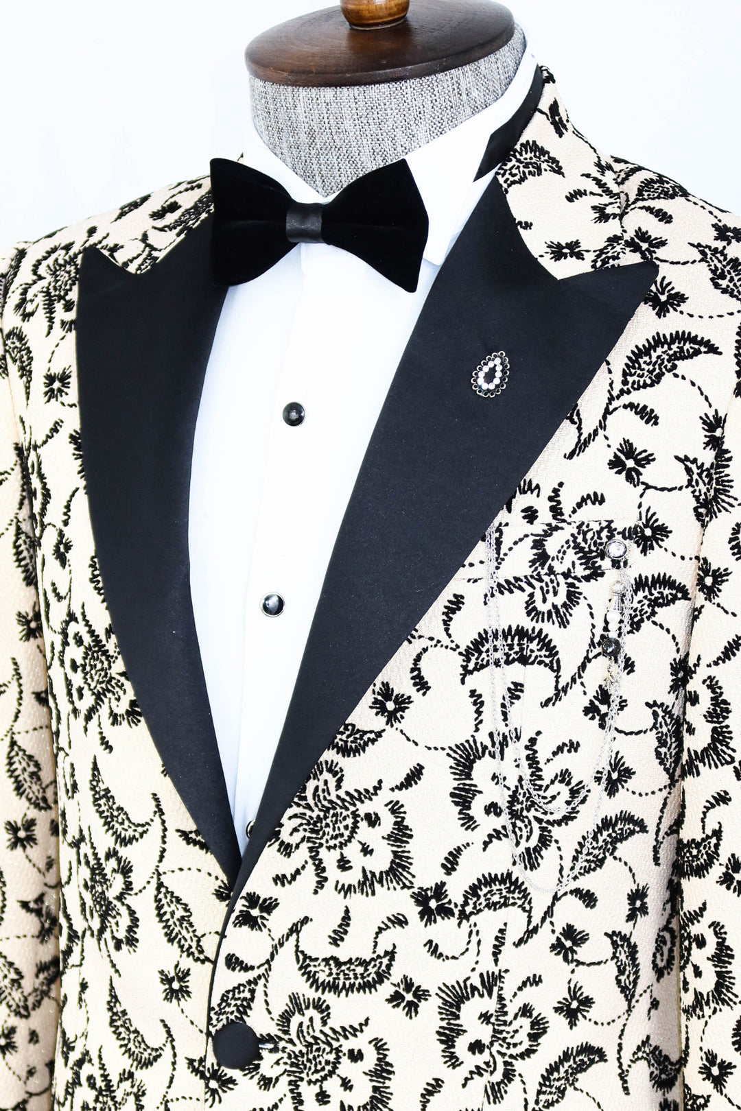 Floral Patterned Peak Lapel Cream Men Prom Blazer - Wessi