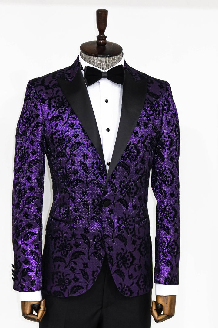 Floral Patterned Peak Lapel Purple Men Prom Blazer - Wessi