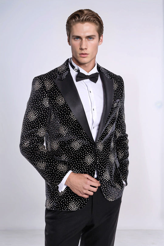 Wessi Slim Fit Dot Patterned Sparkle Jacket for Men, Black, US42