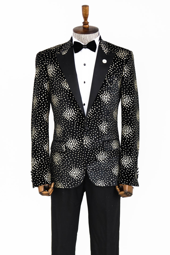 Slim Fit Dot Patterned Black Men Prom Blazer and Trousers Combination- Wessi