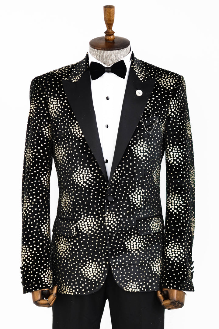 Slim Fit Dot Patterned Black Men Prom Blazer and Trousers Combination- Wessi