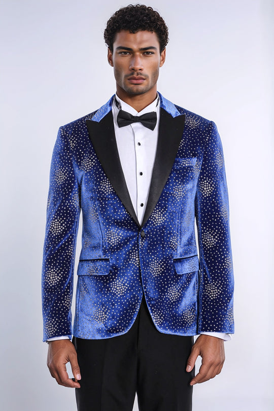 Dot Patterned Peak Lapel Blue Men Singer Performance Blazer - Wessi