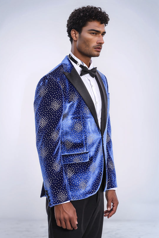 Dot Patterned Peak Lapel Blue Men Singer Performance Blazer - Wessi