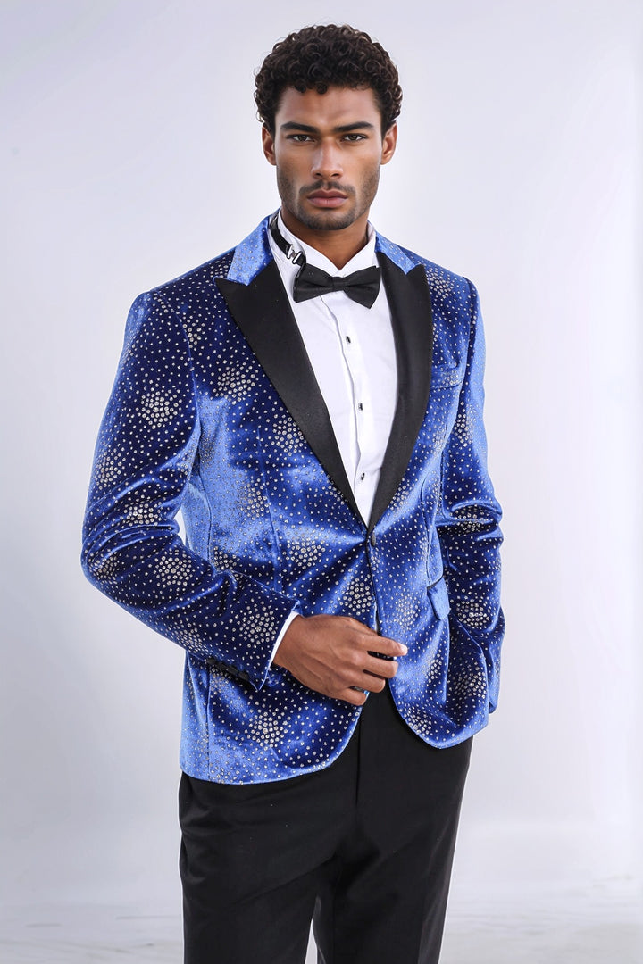 Dot Patterned Peak Lapel Blue Men Singer Performance Blazer - Wessi