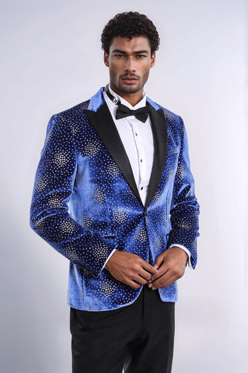 Dot Patterned Peak Lapel Blue Men Singer Performance Blazer - Wessi