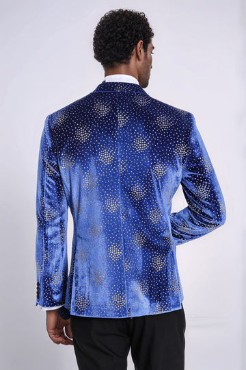 Dot Patterned Peak Lapel Blue Men Singer Performance Blazer - Wessi