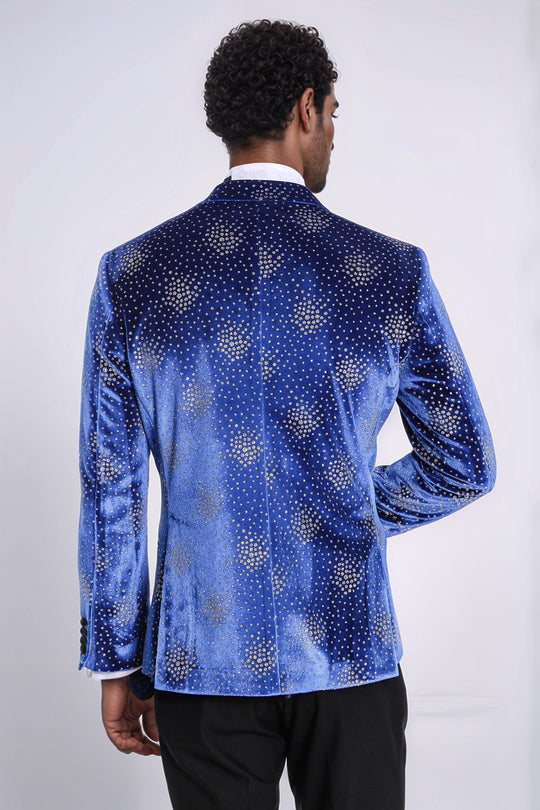 Dot Patterned Peak Lapel Blue Men Singer Performance Blazer - Wessi