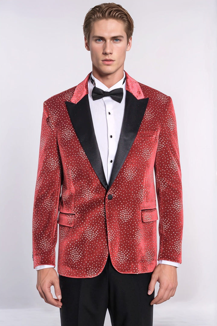 Dot Patterned Peak Lapel Burgundy Men Singer Tuxedo Blazer - Wessi