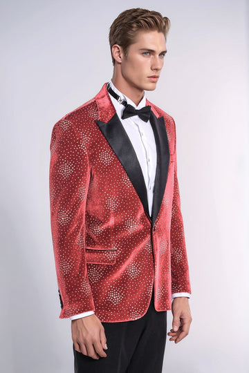 Dot Patterned Peak Lapel Burgundy Men Singer Tuxedo Blazer - Wessi