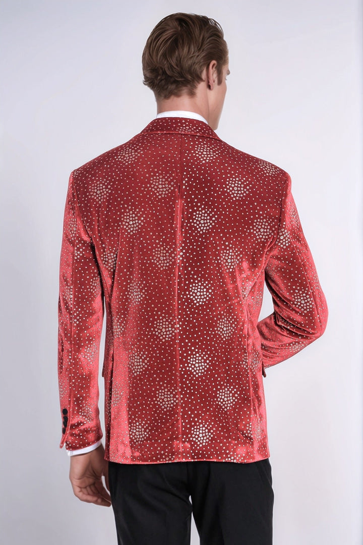 Dot Patterned Peak Lapel Burgundy Men Singer Tuxedo Blazer - Wessi