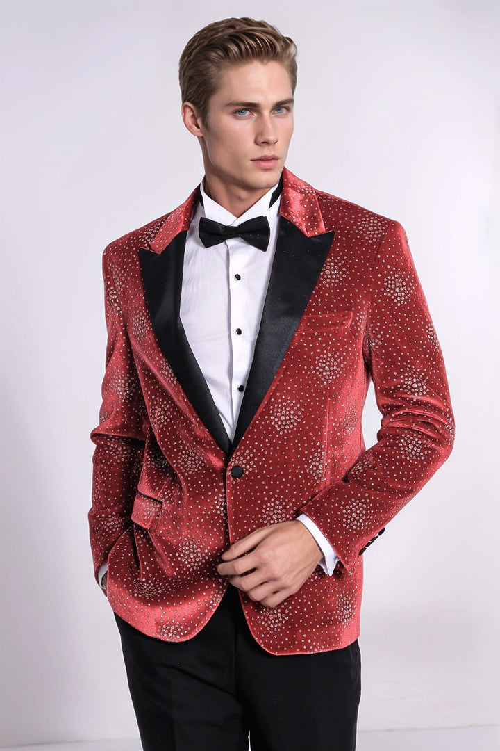 Dot Patterned Peak Lapel Burgundy Men Singer Tuxedo Blazer - Wessi