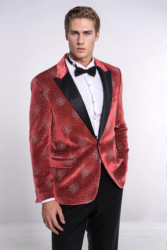 Dot Patterned Peak Lapel Burgundy Men Singer Tuxedo Blazer - Wessi