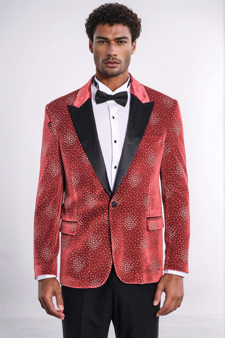 Dot Patterned Peak Lapel Burgundy Men Singer Tuxedo Blazer - Wessi