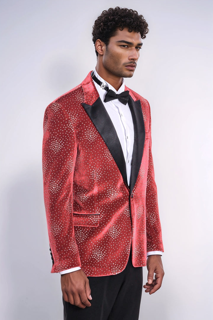 Dot Patterned Peak Lapel Burgundy Men Singer Tuxedo Blazer - Wessi