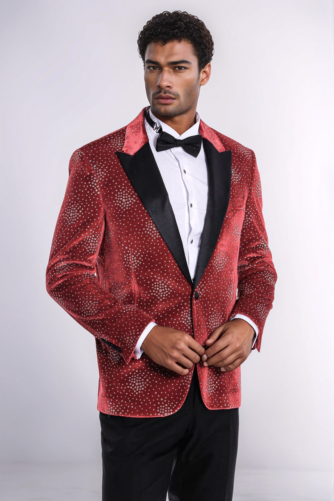 Dot Patterned Peak Lapel Burgundy Men Singer Tuxedo Blazer - Wessi