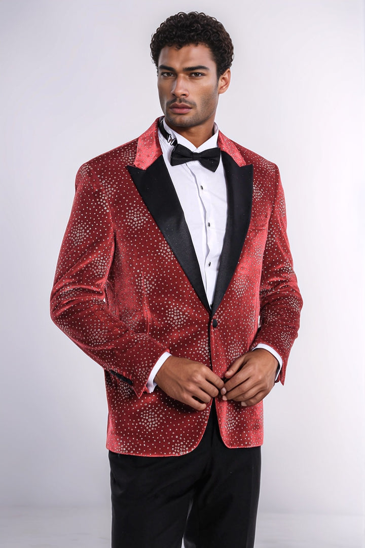 Dot Patterned Peak Lapel Burgundy Men Singer Tuxedo Blazer - Wessi