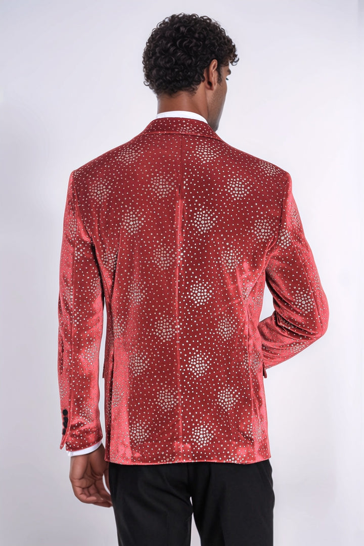 Dot Patterned Peak Lapel Burgundy Men Singer Tuxedo Blazer - Wessi