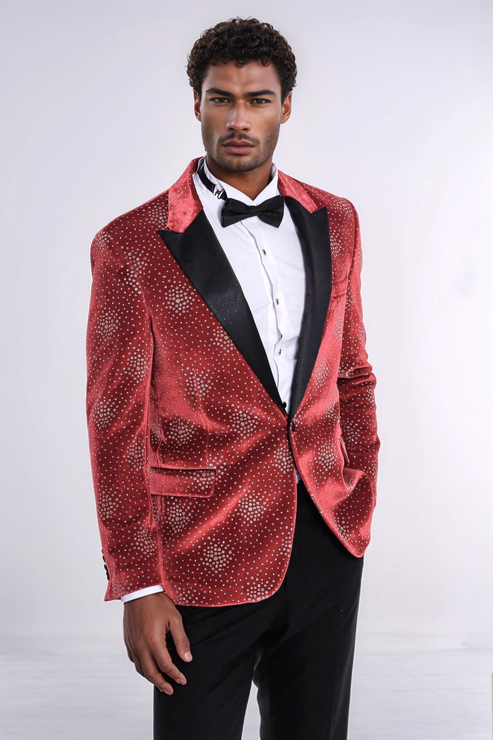 Dot Patterned Peak Lapel Burgundy Men Singer Tuxedo Blazer - Wessi