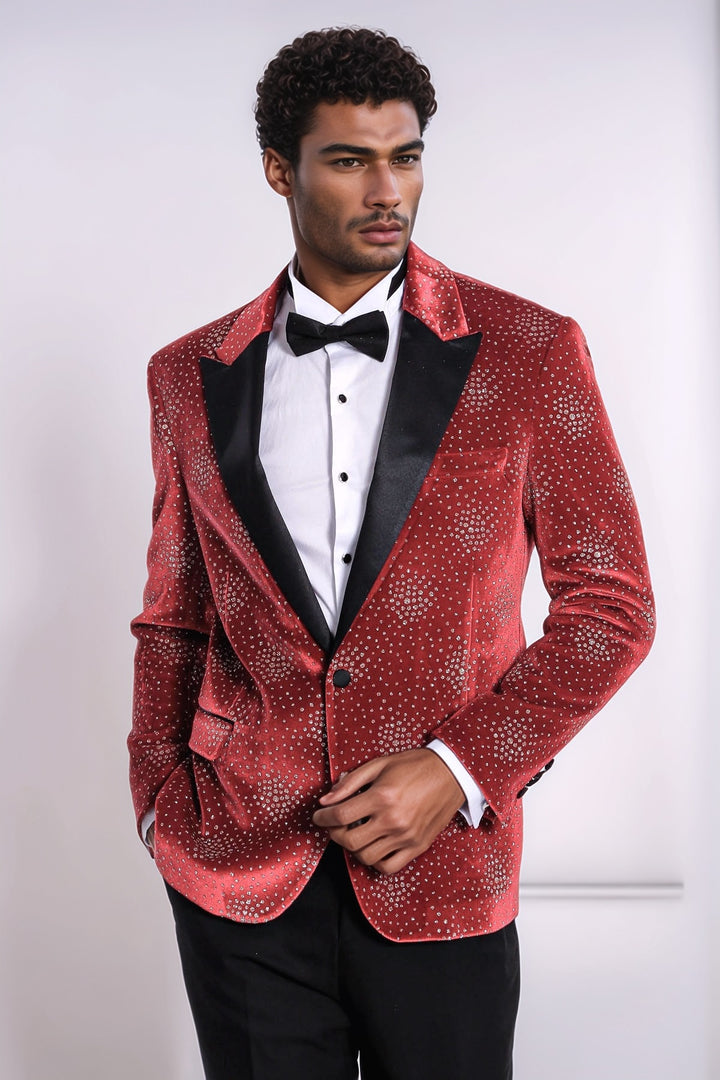 Dot Patterned Peak Lapel Burgundy Men Singer Tuxedo Blazer - Wessi