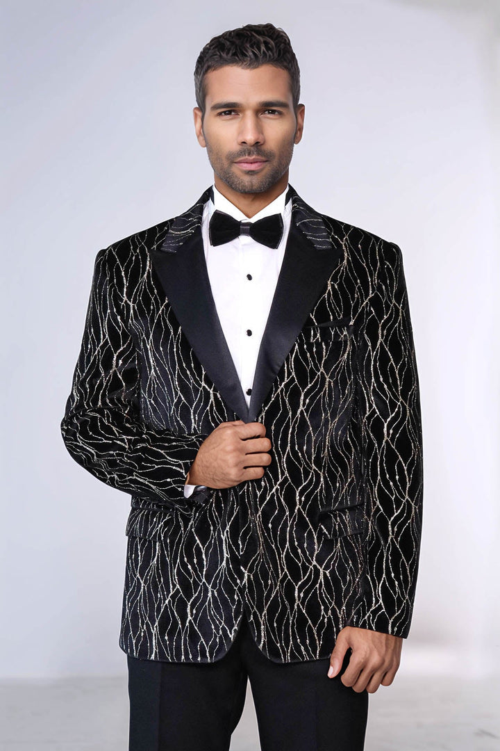 Gold Patterned Over Black Velvet Men Evening Tuxedo Blazer - Wessi