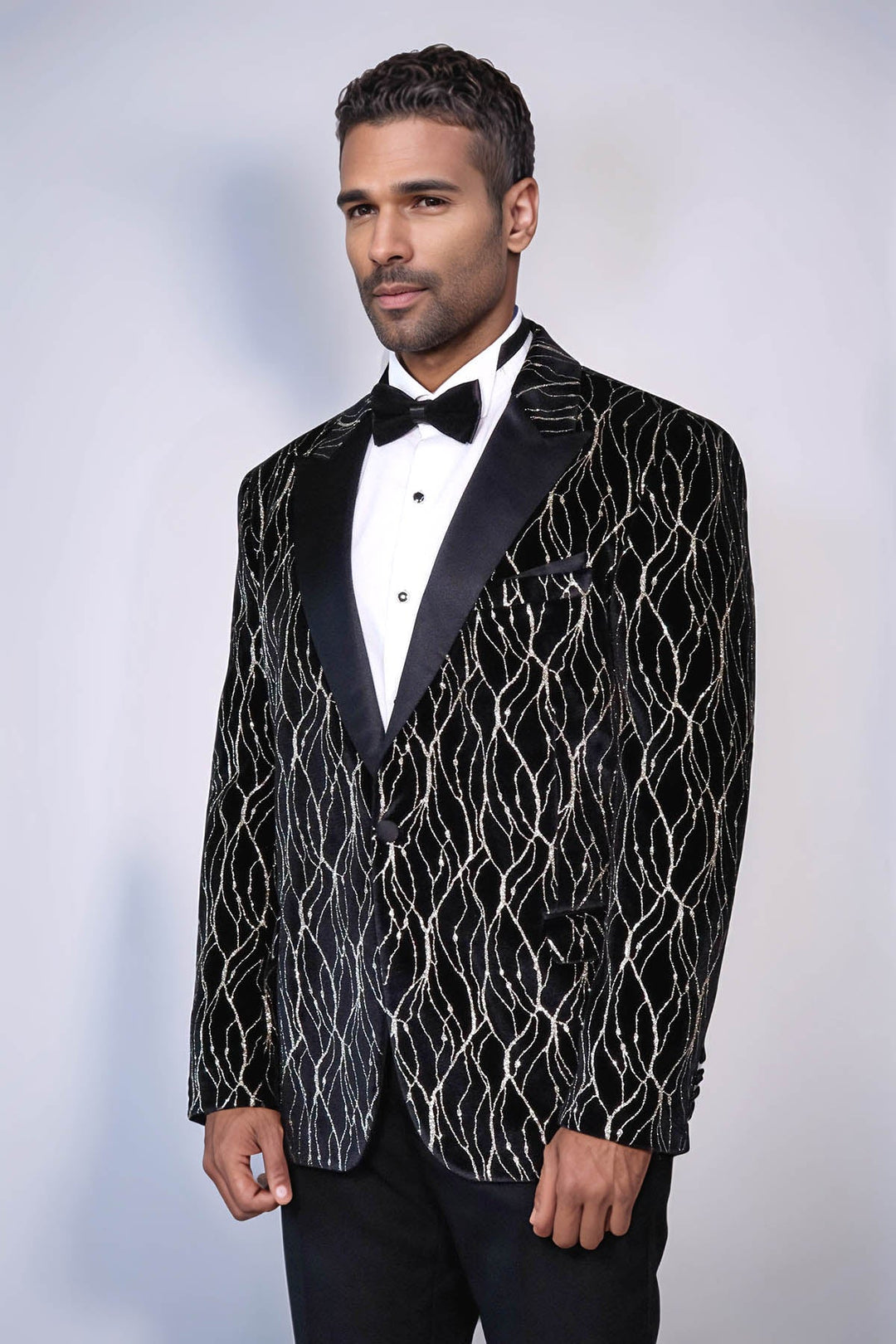 Gold Patterned Over Black Velvet Men Evening Tuxedo Blazer - Wessi