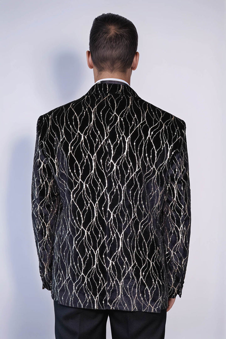 Gold Patterned Over Black Velvet Men Evening Tuxedo Blazer - Wessi