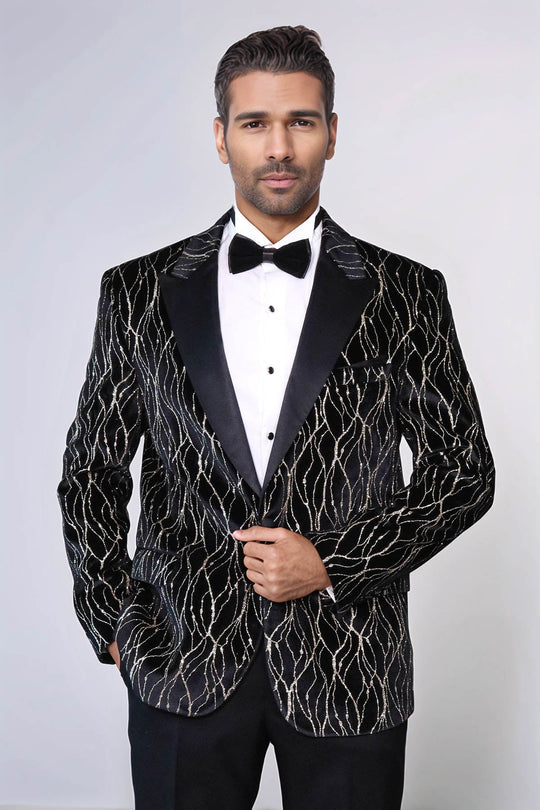 Gold Patterned Over Black Velvet Men Evening Tuxedo Blazer | Wessi Wessi - Discover Diversity Gold Patterned Over Black Velvet Men Evening Tuxedo Blazer | Wessi Wessi - Discover Diversity