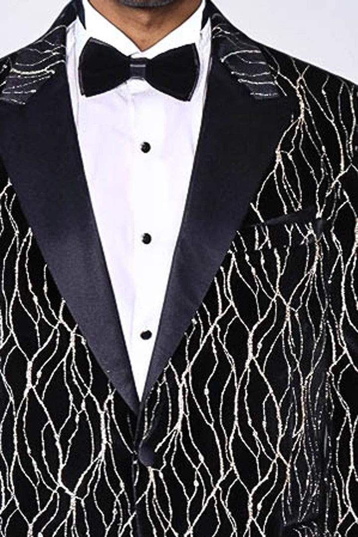 Gold Patterned Over Black Velvet Men Evening Tuxedo Blazer - Wessi