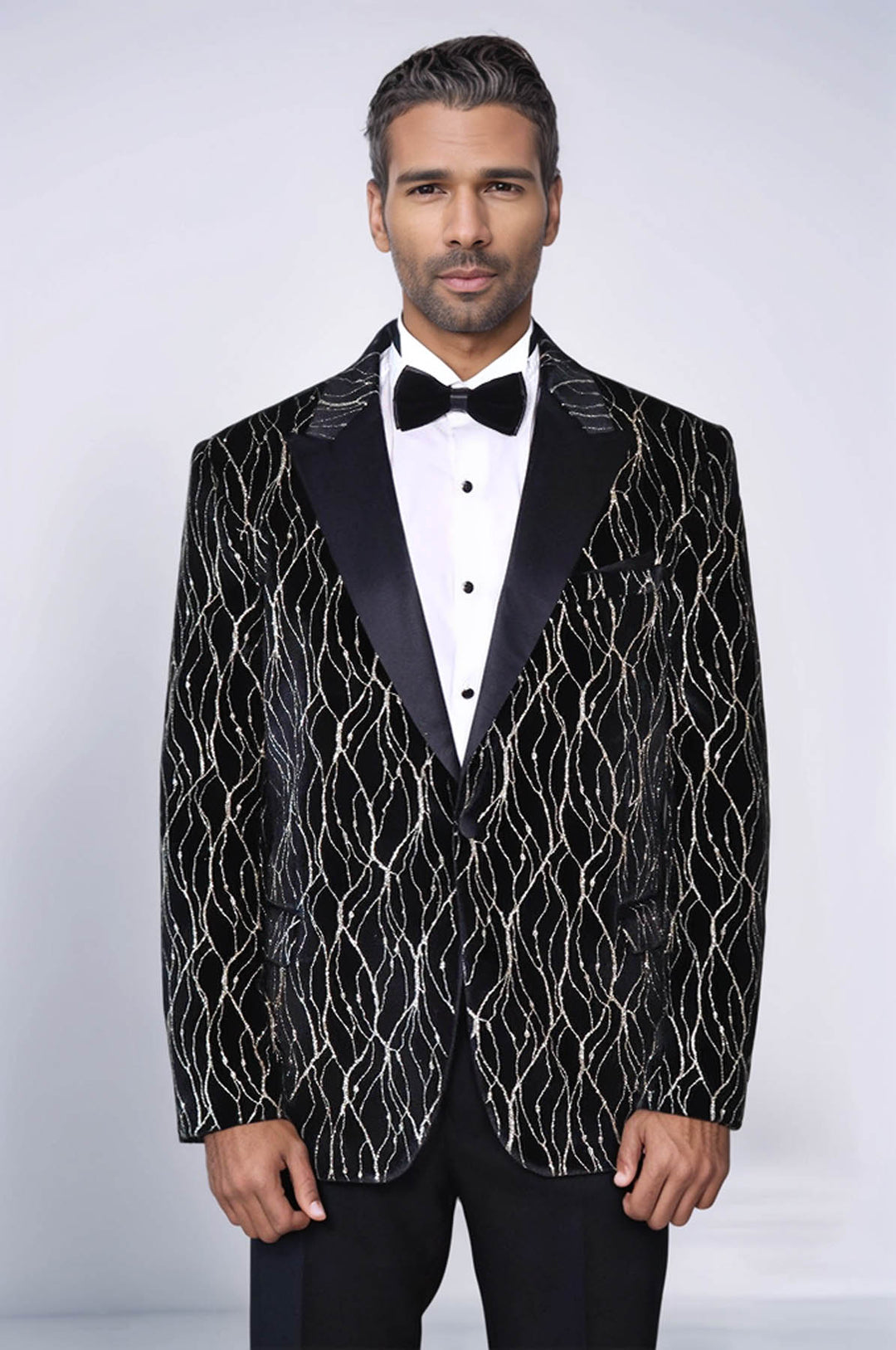 Gold Patterned Over Black Velvet Men Evening Tuxedo Blazer - Wessi
