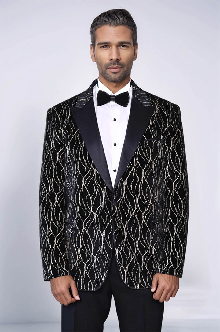 Gold Patterned Over Black Velvet Men Evening Tuxedo Blazer - Wessi