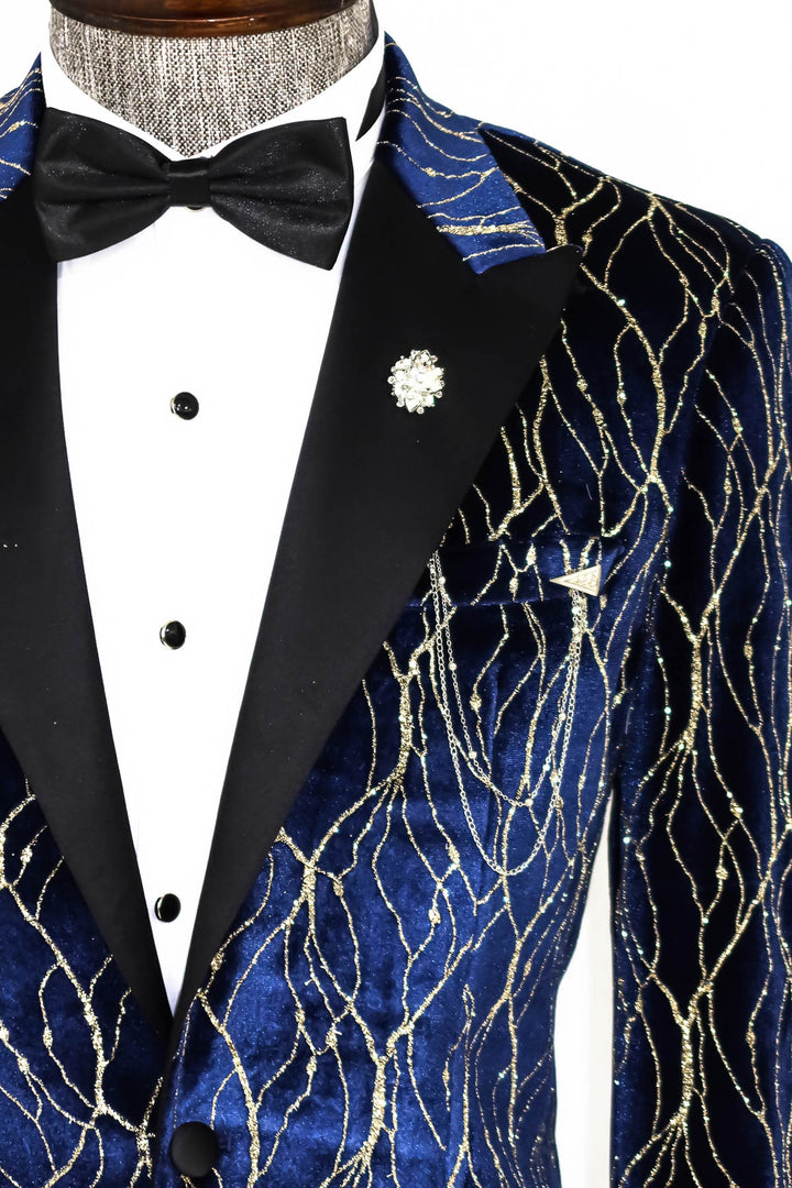 Gold Patterned Navy Blue Men Prom Blazer - Wessi