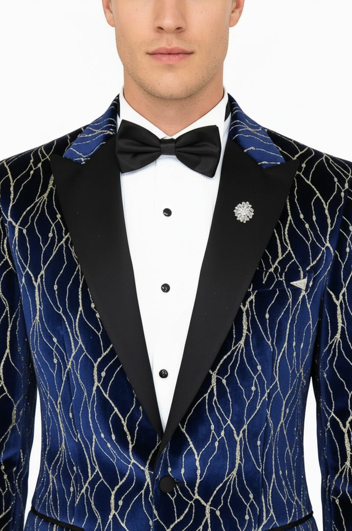 Gold Patterned Navy Blue Men Evening Tuxedo Blazer - Wessi