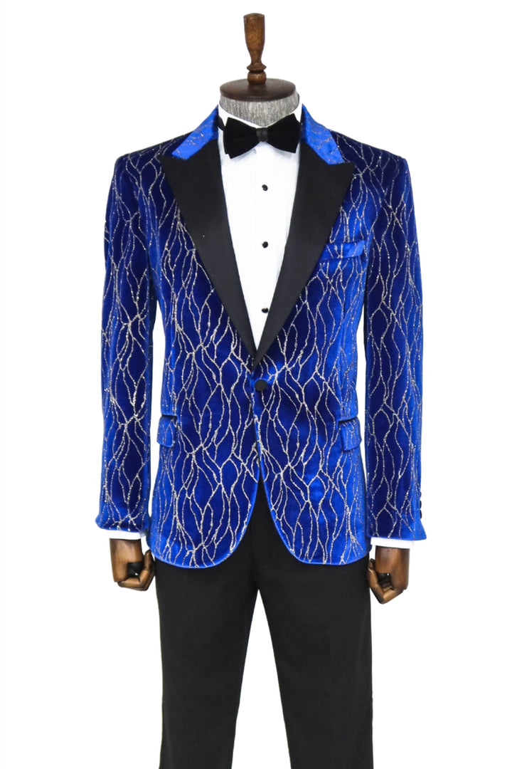 Silver Patterned Blue Men Prom Blazer - Wessi