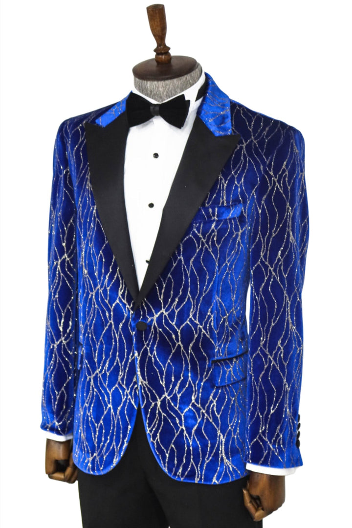 Silver Patterned Blue Men Prom Blazer - Wessi