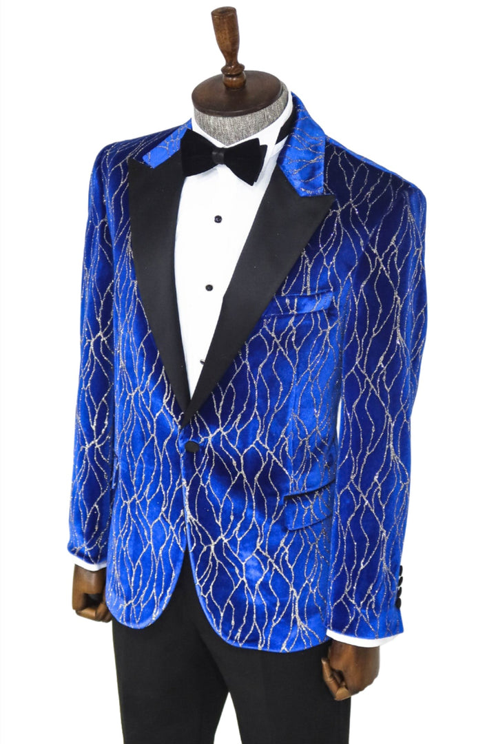 Silver Patterned Blue Men Prom Blazer - Wessi