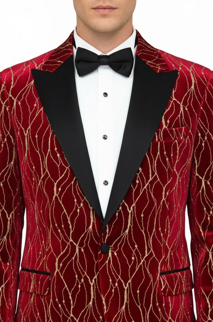 Patterned Burgundy Men Party Tuxedo Blazer - Wessi