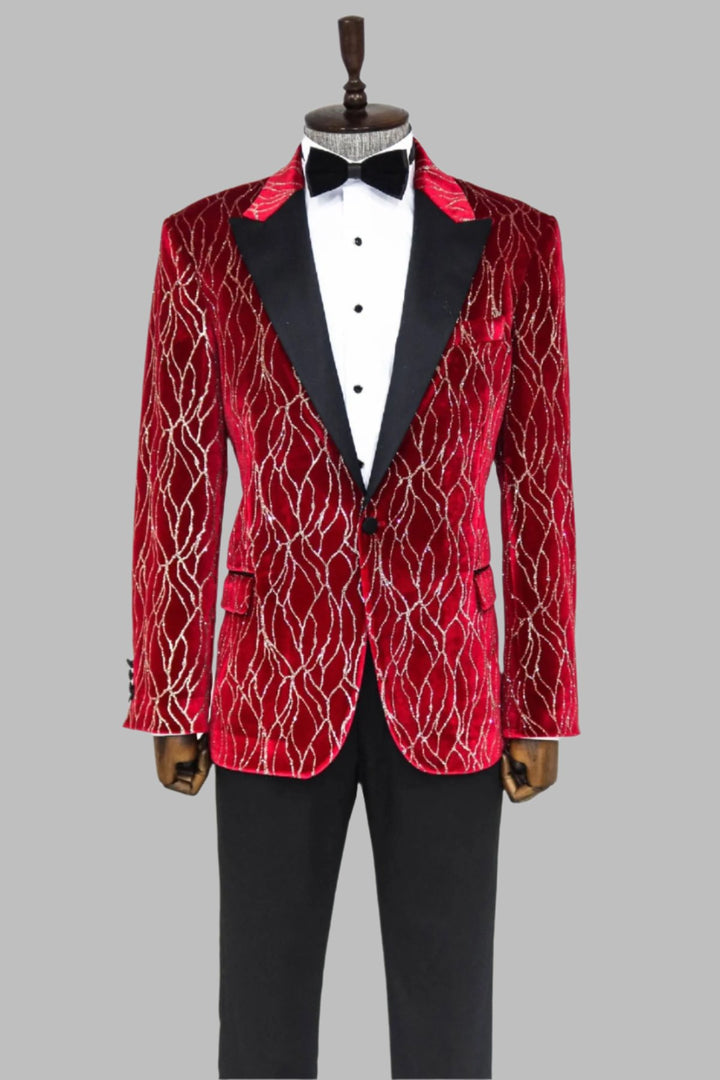 Silver Patterned Burgundy Men Prom Blazer - Wessi