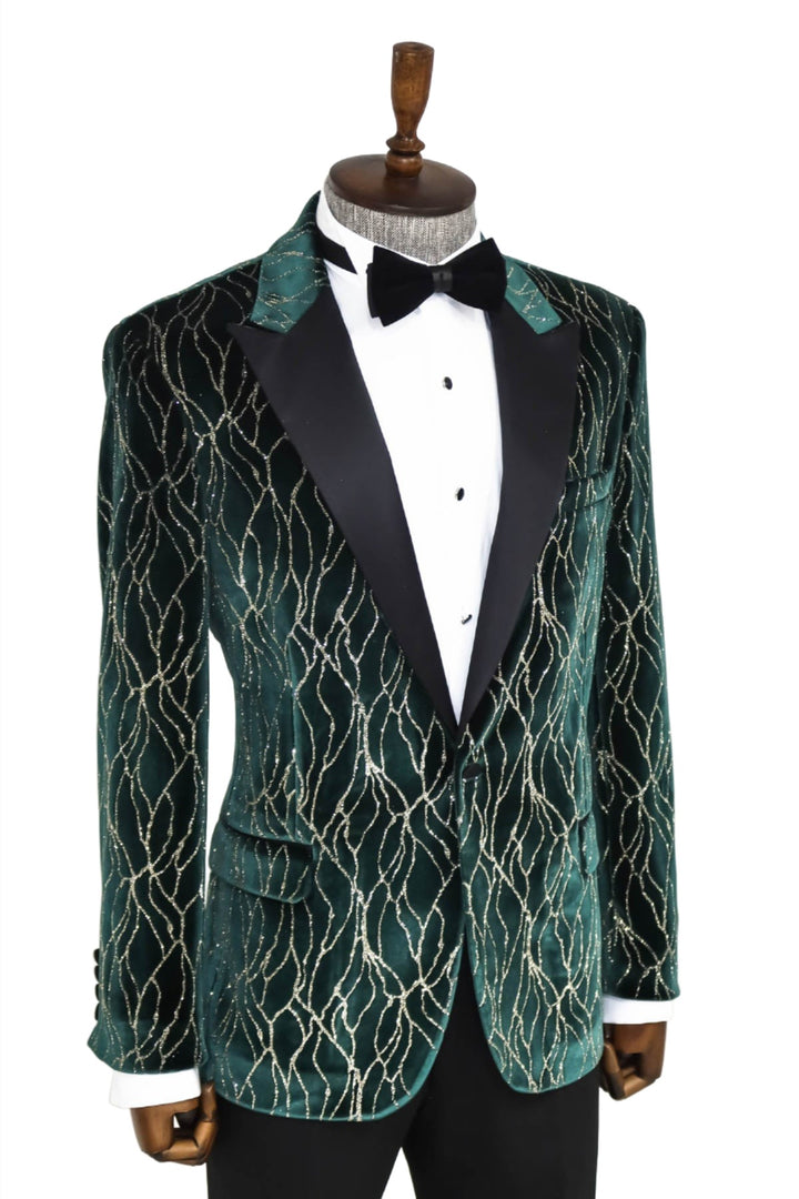 Patterned Dark Green Men Prom Blazer - Wessi