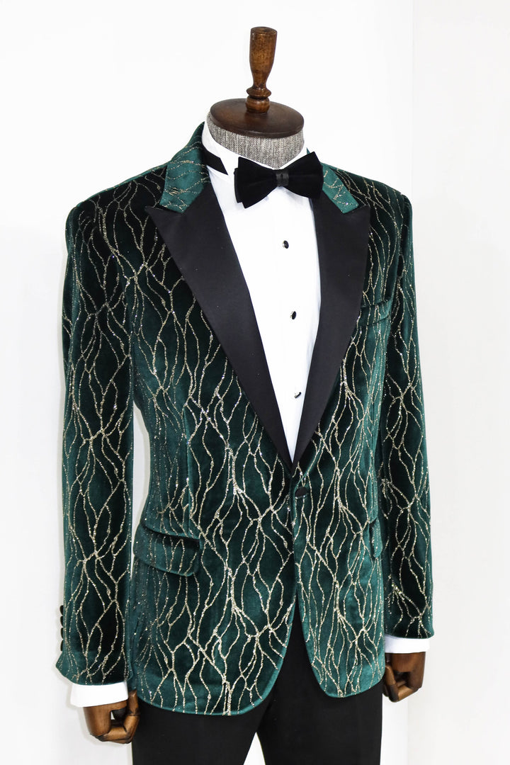 Patterned Dark Green Men Prom Blazer and Trousers Combination- Wessi