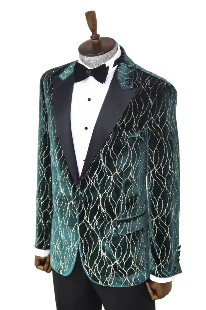 Patterned Dark Green Men Prom Blazer - Wessi