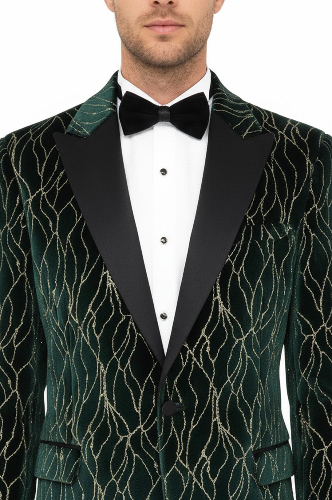 Patterned Dark Green Velvet Men Singer Tuxedo Blazer - Wessi