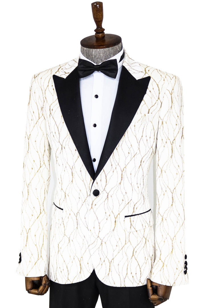 Silver Patterned White Men Wedding Groom Blazer - Wessi