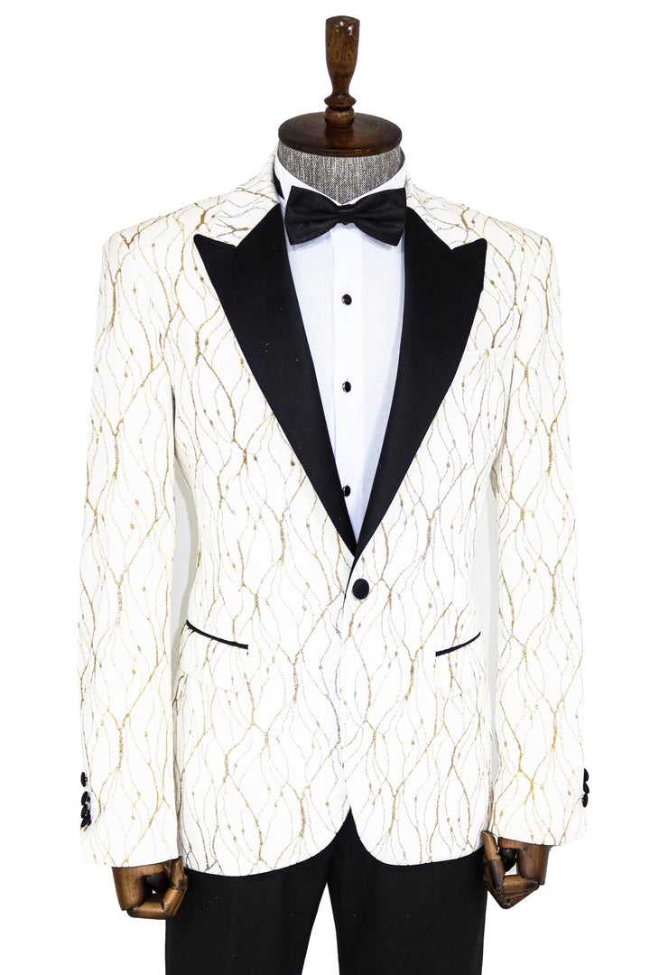 Silver Patterned White Men Wedding Groom Blazer - Wessi