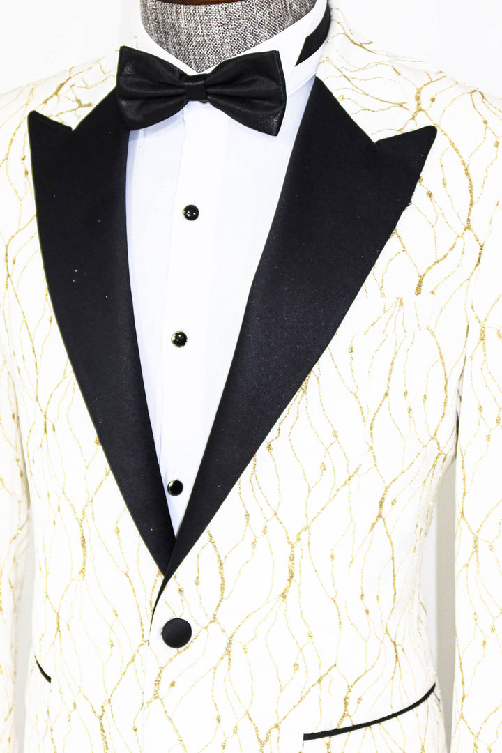 Silver Patterned White Men Wedding Groom Blazer - Wessi
