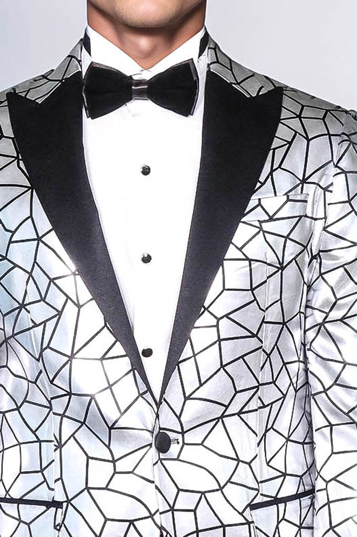 Slim Fit Black Patterned Grey Men Stage Performance Jacket - Wessi