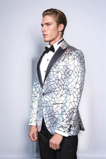 Slim Fit Black Patterned Grey Men Stage Performance Jacket - Wessi