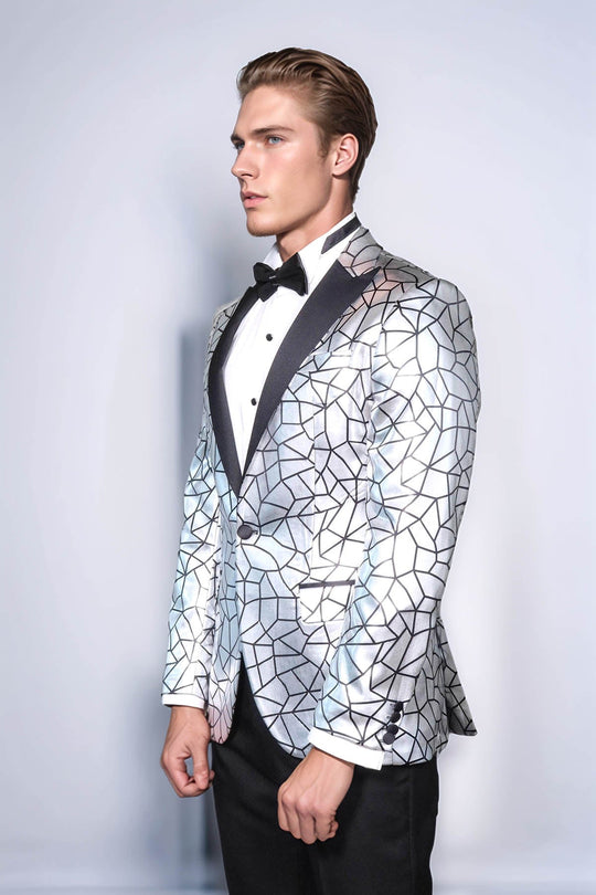 Slim Fit Black Patterned Grey Men Stage Performance Jacket - Wessi
